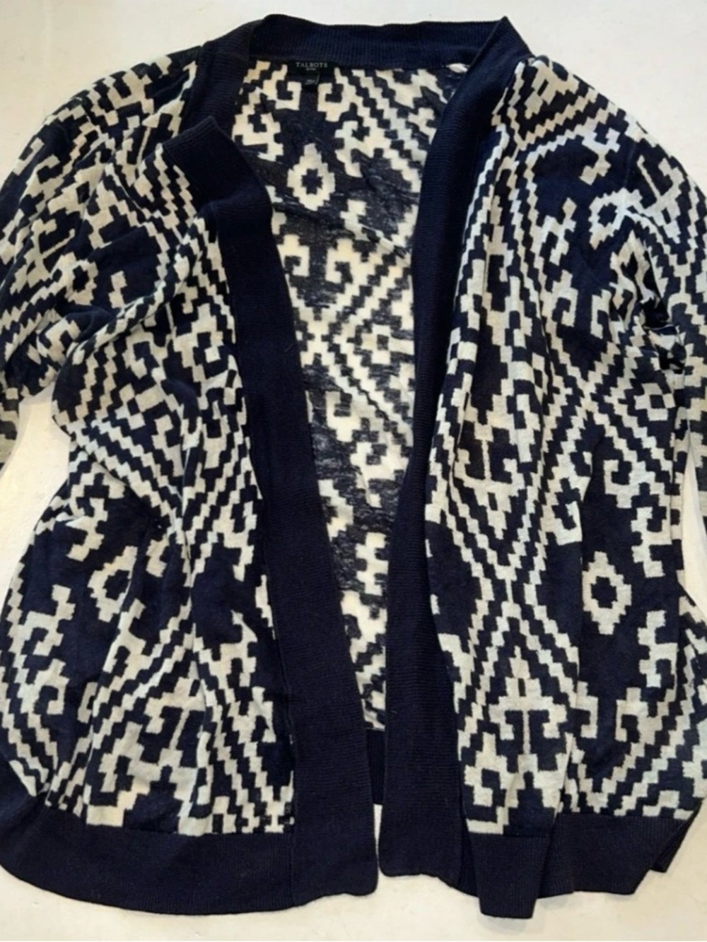 Talbots Petites BlueWhite Geometric Open Font Short Sleeves Cardigan Sweater XLp